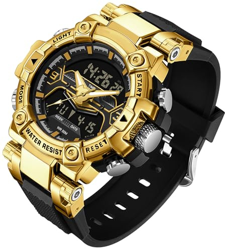 findtime Orologio digitale da uomo, analogico, per uomini, con doppio display, nero, resistente agli urti, con cronometro, illuminazione a LED, sveglia, visualizzazione della data, Nero oro, cinghia