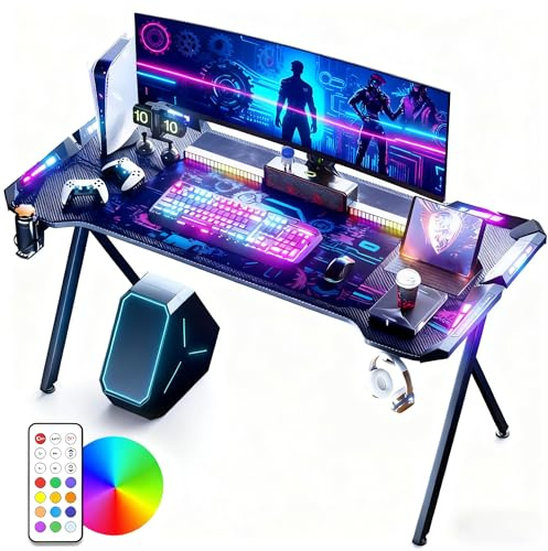 LZQ Gaming Tisch mit RGB LED 120x60 cm, Gaming Schreibtisch Ergonomischer Gamer PC Tisch mit Kohlefaser-Oberfläche, Spieltisch RGB Computertisch mit Fernbedienung & Kopfhörerhaken, Schwarz