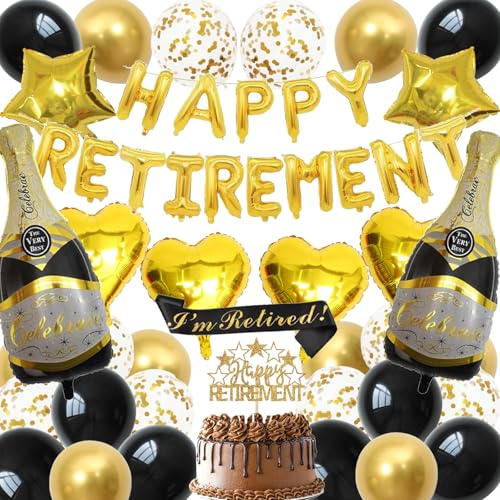 Happy Retirement Decorations Kit- Black Gold Retirement Party Decor with Banner, Balloons, Cake Topper & Sash for Women Men, Farewell Gift Idea for a Memorable Celebration