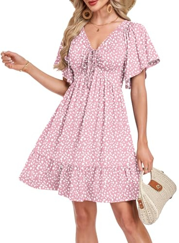 AUSELILY Summer Dresses for Women UK V Neck Short Sleeve Dress with Pockets | Knee Length Beachdress,Casual Ladies Summerdress,A-line,Ruffled Sleeve,Drawstring Neck Sundress