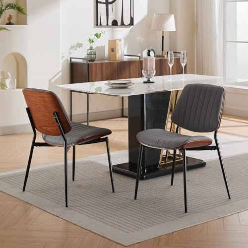 Set De 2 Chaises De Salle À Manger Mid Century Moderne,Chaises En Similicuir Gris Avec Dossier En Bois De Noyer Et Pieds Métalliques,Chaises Rembourrées En Cuir PU Pour Cuisine Et Salle À Manger
