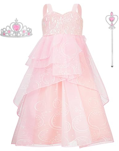 BSBUY Glina-kostym för flickor, prinsessklänningar, lång prinsessklänning med lager och tyll, tjejkostym för temafest födelsedag halloween rosa