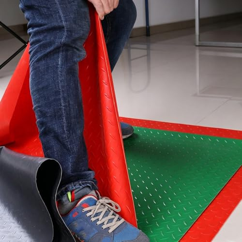 Noppenmatte Gummimatte Meterware Antirutschmatte 1.5 mm mit Diamantprägung, PVC Bodenmatte Rollen Zuschneidbar für Garagen Werkstatt Fitnessstudio und Aussenbereich(Rot,W 1.3 x L 4 M)