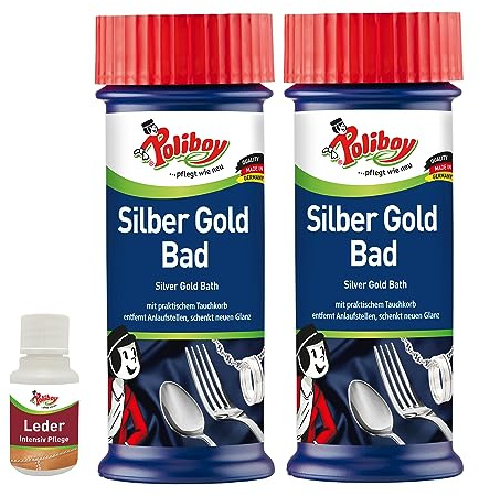 Poliboy Bagno per argento e oro, Bagno di pulizia per gioielli, catene e posate in argento e oro appannati, 2x 375 ml, Con campione di prodotto, prodotto in Germania