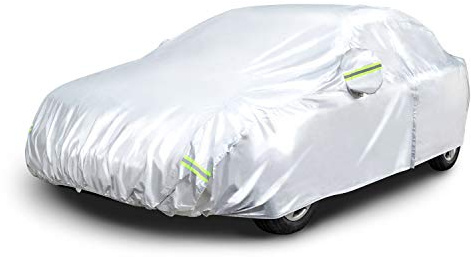 Amazon Basics Silver Weatherproof Car Cover, 150D Oxford, UV Protection, Snow Protection, Dustproof for Sedans up to 200, with Door Zipper