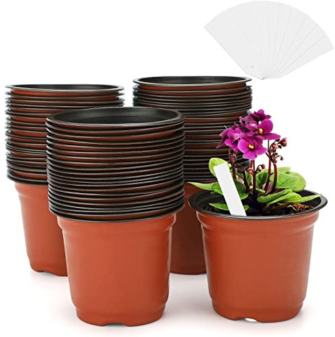 KINGLAKE 50Pcs 10CM Plant Pots Plastic Flower Pots Seedlings Seed Pots and 100 Pcs White Plastic Plant Labels