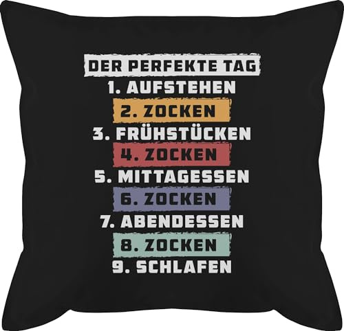 Kissen 50x50 - Statement mit Sprüchen - Der perfekte Tag - Zocken - Weiß - 50 x 50 cm - Schwarz - gamerkissen polster sprüche spruch game männerkissen zockerkissen und fuellung spruechen gamer