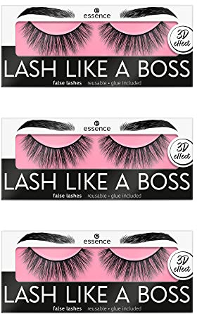 essence LASH LIKE A BOSS false lashes, artificial eyelashes, 05, black, long-lasting, volumising, microplastic-free, nanoparticle-free, fragrance-free, pack of 3 (3x1 pair)