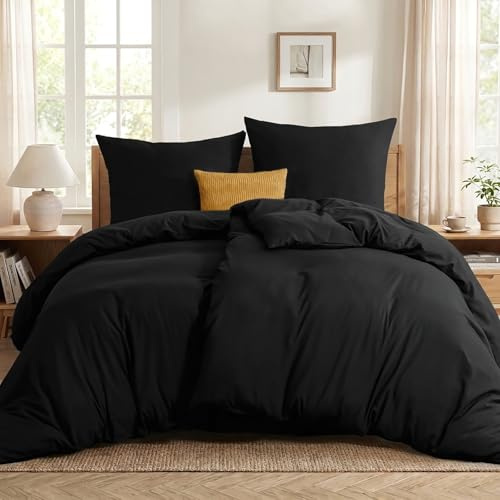 RUIKASI Bettwäsche 135x200 4teilig Schwarz - Polyester Mikrofaser Bettwäsche-Sets Oeko-TEX, 2 Bettbezüge 135x200cm + 2 Kissenbezüge 80x80cm mit Reißverschluss, Weich und Bügelfrei