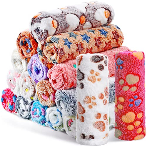 Chumia 18 Pcs Fleece Puppy Blanket Bulk, Soft Warm Pet Blanket with Paw Bone Star Elephant Dot Heart Printed Fluffy Throw Bed Mat for Small Medium Dog Cat Kitten Animals(23 x 16 Inch, Sweet)