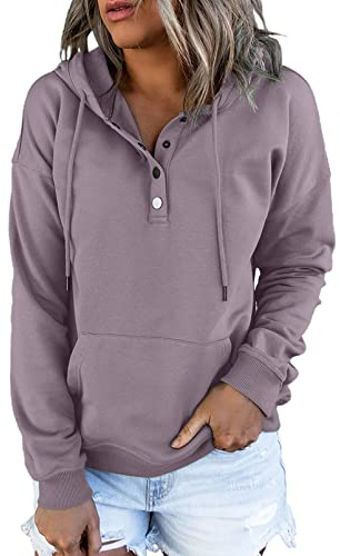 Dokotoo Kapuzenpullover Damen Knopfleiste Hoodie Pullover | Langarm Herbst Winter Sweatshirts Oberteile Pulli mit Kängurutasche