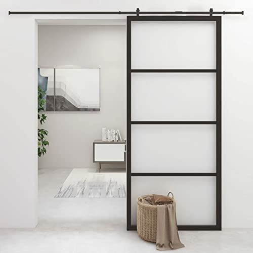 Puerta Corredera de Aluminio 90x205 cm, Vidrio ESG 5 mm, Marco Negro, Resistente a la Corrosión, para Salón o Dormitorio, Ahorro de Espacio, con Topes de Puerta Incluidos