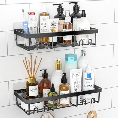 DIFULI Shower Caddy Shelf Organiser 2 Pack, No Drill Black Shower Shelves,Self Adhesive Bathroom Storage Accessories