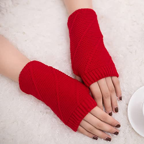 Liyinco Winter Bunte Halbfingerhandschuhe Frauen Stricken Warme Fingerlose Handschuhe Niedliches Schreiben Lesen Wanderhandschuhe Rot Einheitsgröße