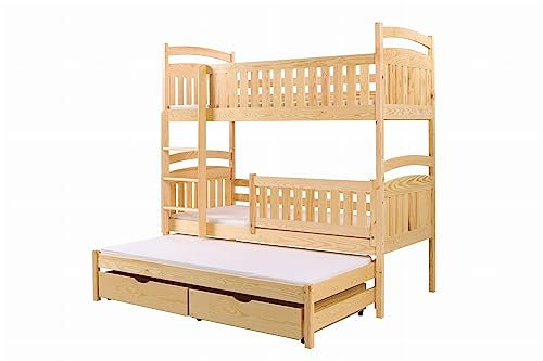 KEF Sofia Etagenbett Kinder 80x200 cm - Etagenbett 3 Personen - Holz Kinderbett - für DREI Kinder - mit Schubladen - Ausziehbares Drittes Bett - ohne Matratze - Kiefer - Leiter Rechts