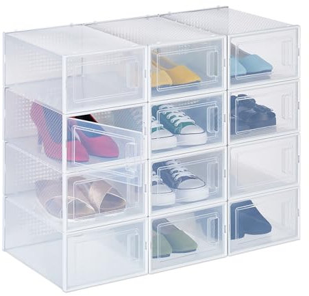 Relaxdays Pack Set 12 Cajas Zapatos Pequeñas, Talle 45, Apilables, Calzado, Orificios Ventilacón, Plástico, Transparente, 14 x 23 x 33,5 cm
