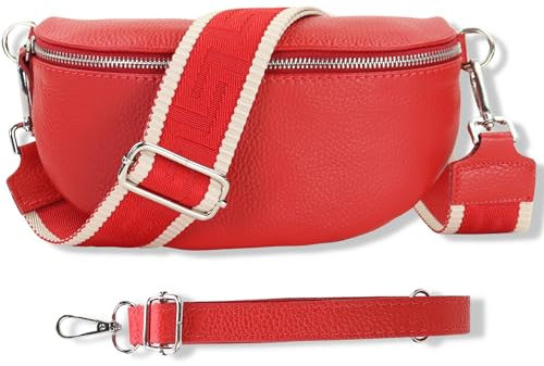 Blade Bauchtasche Damen Echtleder, stylische Gürteltasche Damen mit 2 gemusterten und Leder abnehmbaren & verstellbaren Breiten Gürteln, Crossbody Bag Damen, Hochwertige Brusttasche für Frauen-ROT
