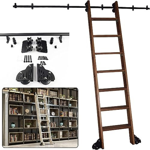 Schiebeleiter-Schiene, Schiebe-Scheunentor-Beschläge, Gleitschienen-Set, Holz-Schiebetür-Beschläge, Schrank-Set, Bibliothek, Rollleiter-Schienensystem, Keine Leiter – runde Schiene/Schiene
