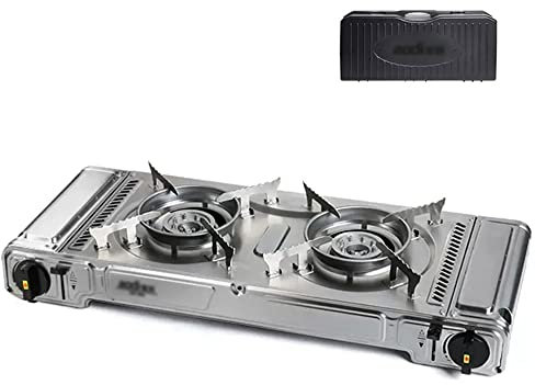 WolFum Camping Double Hole BBQ Gas Stove, Outdoor Portable Gas Stove, Fire Boiler Windproof Stainless Steel Camping Stove,A
