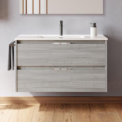 AMIZUVA | Conjunto de Mueble de Baño Suspendido Suki con 2 cajones | Anchura 100 cm | Incluye Lavabo Cerámico y Espejo| Acabado en Gris Arenado|Muebles de Baño con Lavabo y Espejo