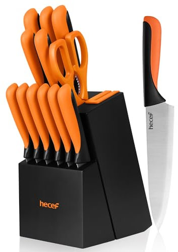 hecef Couteau Cuisine, 13 pièces Bloc de Couteaux avec Affûteur Intégré, Set Couteau Cuisine en Acier Inoxydable avec Couteaux à Steak, Ciseaux de Cuisine (Orange)
