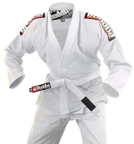 Buddha Fight Wear -Premium Infinity Brasiliansk Jiu Jitsu/BJJ Gi Kimono med vitt bälte, unisex vuxen, Vit, ML=A2