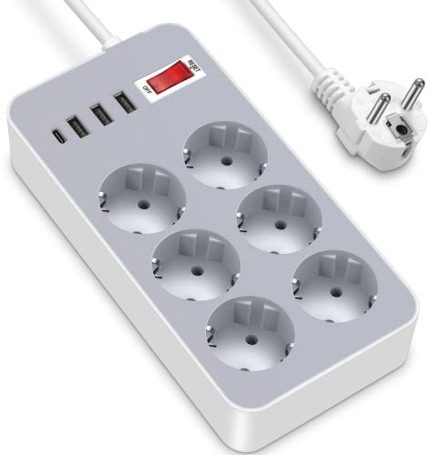 Steckdosenleiste, 4 USB-Anschlüsse (3 USB A+1 USB C) und 6 Steckdosenleisten, Überspannungsschutz, Mehrfachsteckdose, für Steckdosen zu Hause/Büro/Geschäft, Kabel 1,8 m