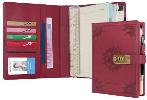 WASON Diario con serratura Raccoglitore A5 Quaderno a spirale a righe Diario Planner Portfolio e scrittura ricaricabile Blocco note per appunti Ideale per affari scuola e viaggi(Rosso)