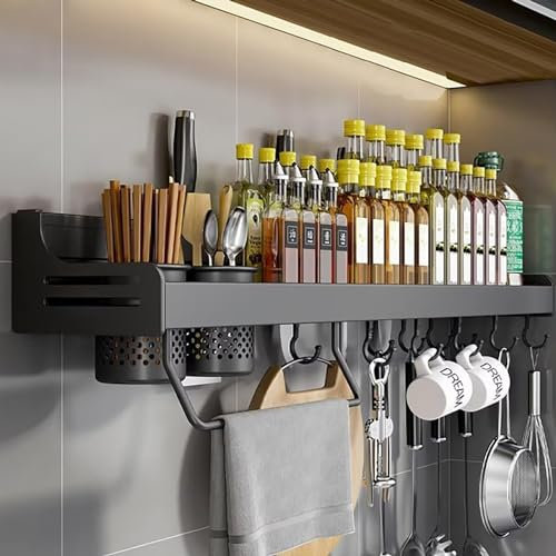 Xinwanhong Gewürzregal Wand aus Metall, Gewürzregale Ohne Bohren mit Handtuchhalter und 10 Haken, Gewürzregal Hängend, Spice Rack Bietet Platz für Messer, Essstäbchen und Löffel, Schwarz, 60cm