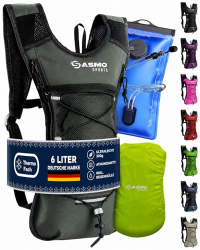 Trinkrucksack Laufen 6L, Ultraleicht 300g mit Thermofach (grau) - SASMO | Laufrucksack mit 2L Trinkblase inkl., BPA-frei, für Fahrrad & Wandern, isoliert kühlt länger, reflektierend, verstellbar