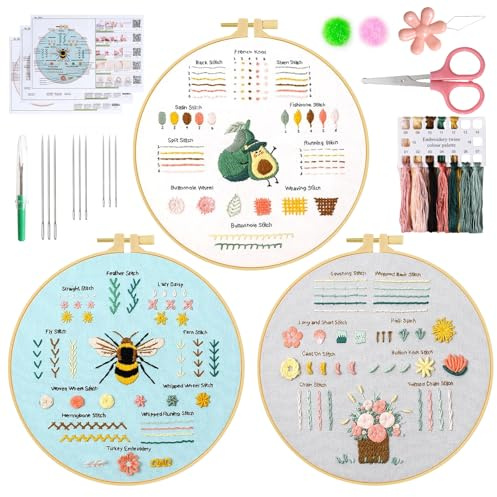 UXORSN 3 Sets Stickset für Anfänger Stickerei Set Sticken Set Erwachsene | Lernen 28 Verschiedene Stiche, Weihnachten Geschenk, Kreuzstich-Kit mit Druckmuster Fäden Nadeln Stickrahmen Videolehrgang