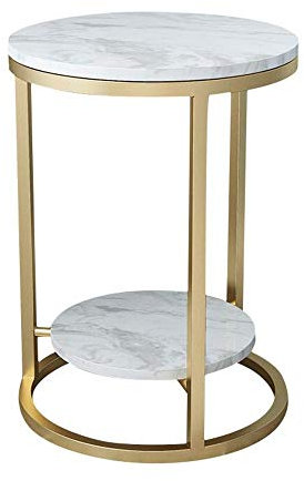 MEILISHAOMEI 2-lagiger Beistelltisch mit weißem Marmordruck,mit goldenem Metallrahmen,Telefontische,Sofatisch,kleine runde Beistelltische,Wohnzimmer-Schlafzimmertische