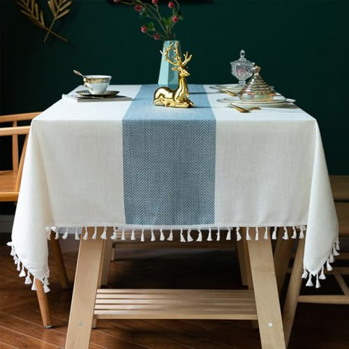 Lifetooler Tischdecke Abwaschbar Leinen Baumwolle Rechteckig Tischtuch Gestreift Design mit Quasten Tischdecke Wasserdicht für Outdoor Garten und Home Küche Dekoration (Weiß,140x260cm)