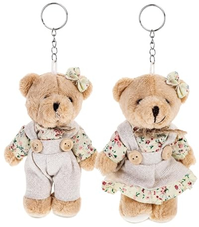 OATIPHO 2 Pièces Porte-clés Ours en Peluche Couple, Pendentif Sac à Dos Mignon en Tissu Floral pour Enfants et Étudiants, Décoration de Style Cottagecore pour Fête de Mariage, Brun