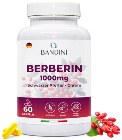 Bandini® Berberina 1000mg pura alto dosaggio | Pura Berberina HCl da Berberis Aristata al 97% + Cromo e Pepe Nero | Massimo assorbimento | Funzione digestiva, epatica, intestinale | 60 capsule vegane