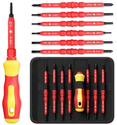 Insulated Screwdriver Set - 14 Tips (3 Crosshad, 3 Slotted, 4 Six-Point, 2 Square, 2 Hexagonal) Electrician Screwdriver Set with 500-V Rated Insulation and Magnetic Tip - Electrician Tools Kit
