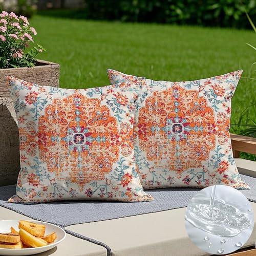 Vorysum 2er Set Outdoor Kissenbezug 50 x 50 cm Boho Wetterfest Kissenbezüge Abstrakte Deko Kissen Vintage Rot Sommer Kissenhülle Muster Kissen für Garten Sofa Bett Dekorative Kissenhüllen