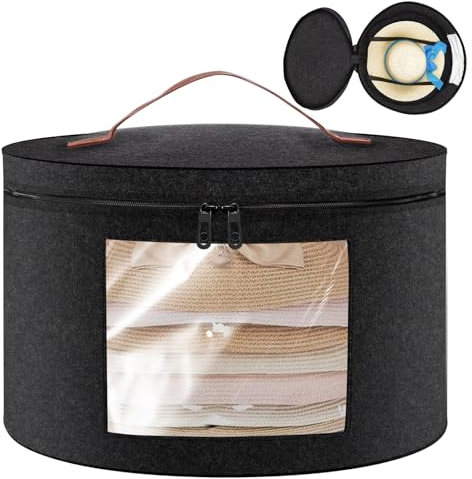 Round Hat Boxes with Lids, 43 x 26cm Soft Felt Hat Storage Box Dark Grey Hats Organiser, Foldable Travel Hats Boxes Storage with Transparent Window and Handle Zip for Storing Clothes, Toys