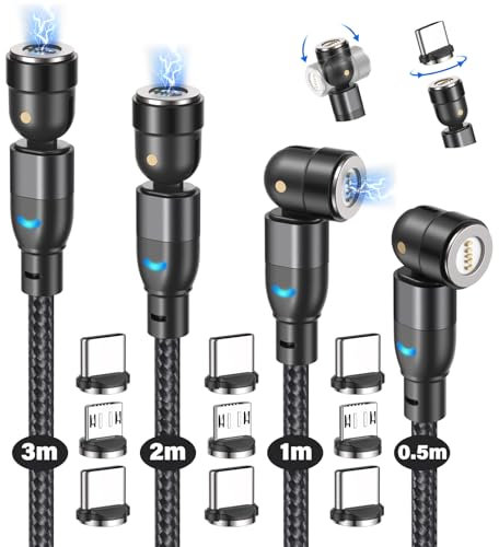 TUNKIA 5Pin Magnet Ladekabel, 3 in 1 Magnetisches Ladekabel 4Stück (0.5m/1m/2m/3m), 360° und 180° Drehba USB 18W Datenübertragungs Magnetisches Kabel für Smartphone