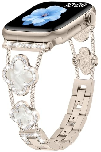 Sixmoat Compatible with Apple Watch Strap for Women 38/40/41/42mm(S10/11) | Bling Bracelet Designer Dressy Clover for iWatch Band Series SE 11 10 9 8 7 6 5 4 3, (Starlight)