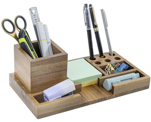 MyGift Wood Desk Tray Desk Organizer Office Desktop Pen Holder Sticky Note Holder Acacia Solid Wood Storage Tray