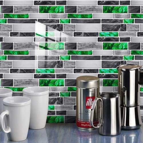 Credence Adhesive Pour Cuisine Vert Gemme Carrelage Adhesif Mural Cuisine,Pvc Imperméable Stickers Carrelage Salle De Bain,Stickers Muraux Cuisine Auto-Adhésif 10 PC(12x24cm)