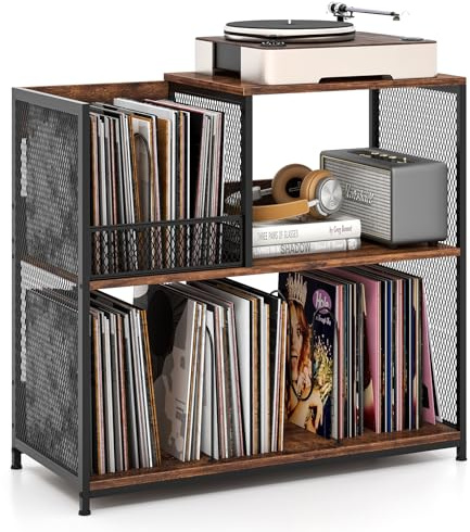 COSTWAY Record Player Stand, 3-Tier Turntable Stand End Side Table with Open Shelves and 3 Removable Dividers, Vintage Albums Vinyl Record Storage Cabinet Holder for Living Room Bedroom (Rustic Brown)
