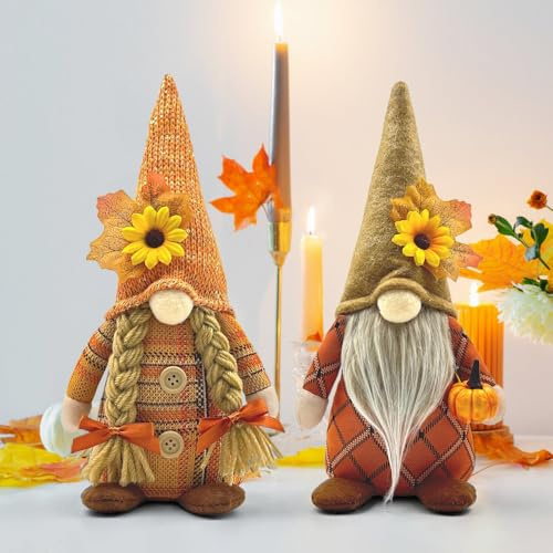 Hojalis HerbstDeko Wichtel, 2 Stück Herbst Dekoration Wichtel Figuren mit Ahornblatt Kürbis Deko, Herbst Dekoration Kürbis Wichtell, Herbstdeko Zwerge für Erntedankfest Weihnachten Baum