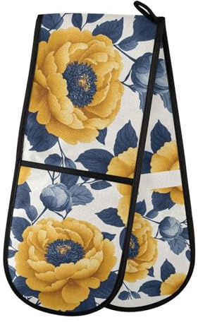 Quteprint Maniques doubles de cuisine matelassées, résistantes à la chaleur, motif floral jaune chrysanthème, 17,8 x 88,9 cm de long, pour pâtisserie, barbecue, barbecue et micro-ondes – Lavable en