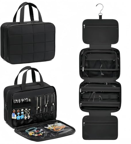 INMORVEN Kosmetiktasche zum Aufhängen – Kulturbeutel Damen Reise mit Schmuckfach, großes Fassungsvermögen, puffiges Design & 360° Haken (Schwarz, M)