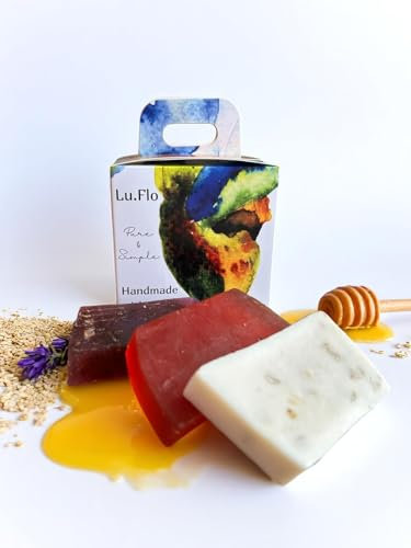 Lu.Flo BIO Seife Stück – Lavendel, Honig & Ziegenmilch mit Hafer – 3x100 g – Feuchtigkeitsspendend, sanft zur Haut -Ideal für Entspannungsbad - Handseife i Körper- Kleine Geschenke