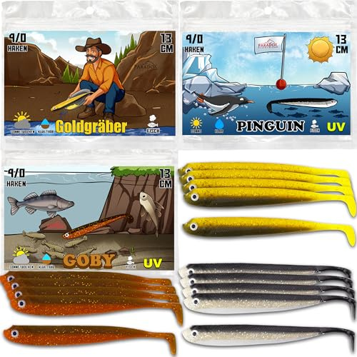 Paradox Fishing Zander Gummifische Set Goldgräber, Goby und Pinguin je 5 St.- 15 STK. 13cm - Zanderköder Gummifisch Zander Köder Gummifische Set