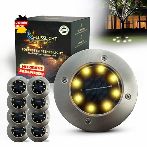 FLUSSLICHT Solar Bodenleuchten Außen 8er Set warmweiß – Stimmungsvolle Gartenbeleuchtung | inkl. 3 Ersatz-Erdspieße | IP65 wasserdicht Edelstahl | Automatik bis 10 Std Leuchtdauer | Terrasse Wege Beet