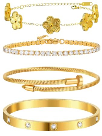 Gkaopi 4 Stück Armband Damen Gold 18K Vergoldet Vierblättriges Kleeblatt Armbänder Set Verstellbare Stapelbare Tennisarmband Cubic Zirkonia Armreif Glücksschmuck für Damen